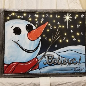 Winter snowman on hand painted screen with LED lights
