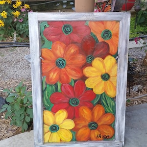 Painted window, upcycled window with bright colorful flowers