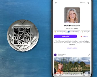 Memorial Coin: QR Code Memorial Plaque for Headstone; Digital Legacy, No Fees