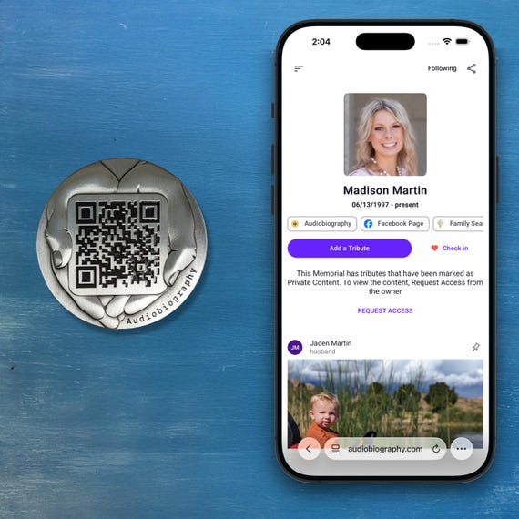 Memorial Coin: QR Code Memorial Plaque for Headstone; Digital Legacy, No Fees