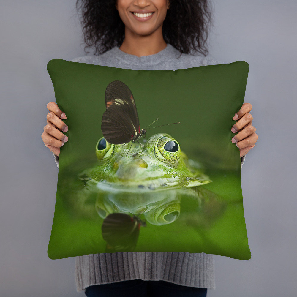 Frog Pillow. Green Pillow With Photo of a Frog. Amphibian Cushion