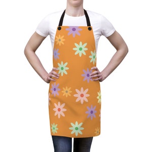 Orange Apron With Print Of Flowers / Gift For Cook / Gift For Flower Lover