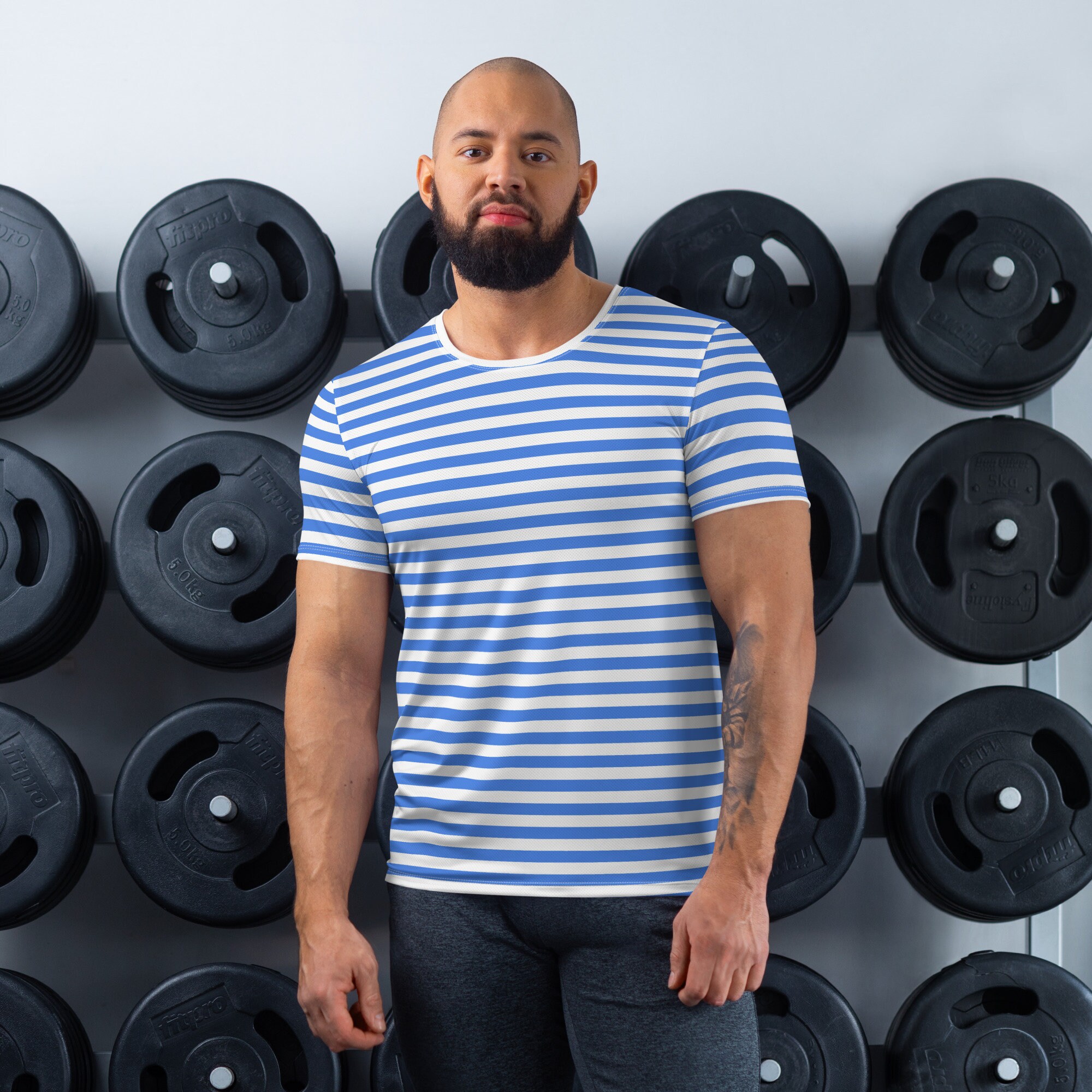 Blue And White Striped T Shirt Men Mens Athletic T shirt