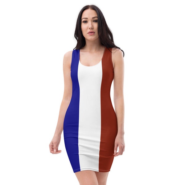 French flag tight dress without sleeves. Blue white red striped dress. Tight-fitting and above the knee. Made of soft strech fabric.