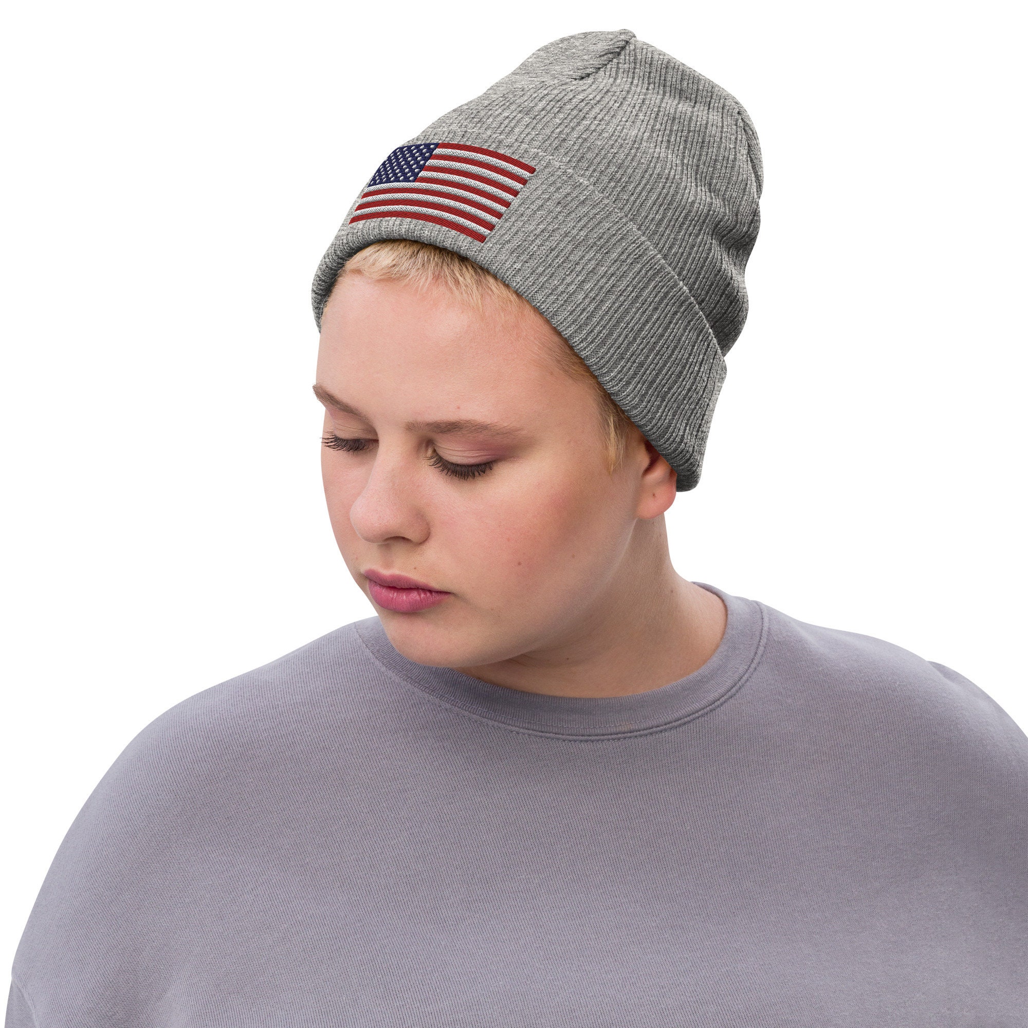 Trendy Apparel Shop Sommerhut – Bestickte US-Flagge, Polyester, Verstellbar, Grau