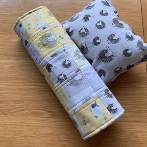 Handmade Dolls Crib Quilt and Pillow: Yellow & Grey Sheep Bedding