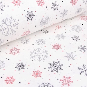 Red grey snowflakes flannel fabric, Christmas flannel fabric, flannel red white fabric, flannel snowflake winter fabric half yard