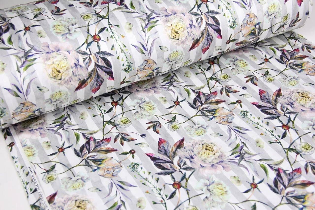 Peony on a Strip Satin Fabric, Flowers Satin Fabric, Fabric for Home