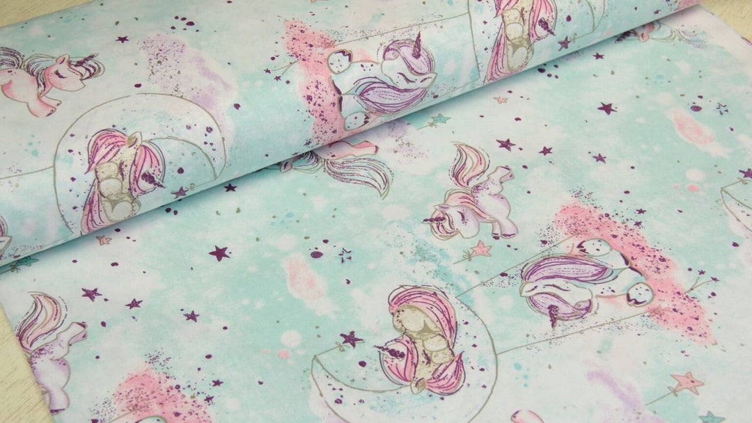 Glitter Unicorn Fabric Fabric Mint Unicorn on Moon Unicorn Etsy