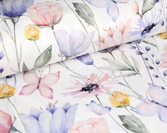 Wildflowers satin fabric, sateen fabric butterflies wild flowers, satin by yard, fabric by yard, flowers half yard