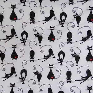 Black cats with heart fabric, white cats fabric, cats bedding fabric, fabric for children, fabric for pets, Polish fabric cats