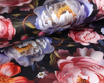 Big Black Flowers Satin by yard fabric, sateen flowers by meter, satin cotton for bedding, satin for clothes, cotton fabric half yard flower