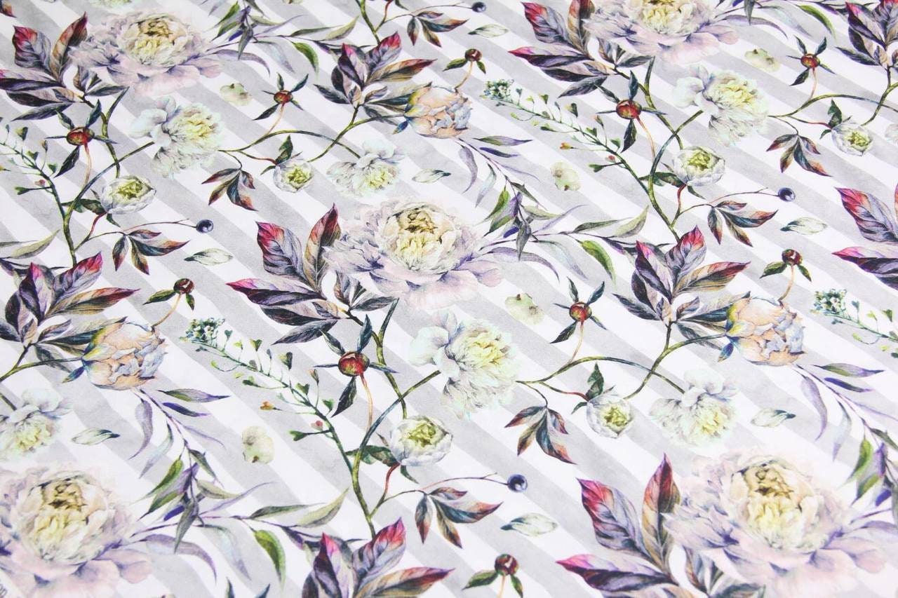 Peony on a Strip Satin Fabric, Flowers Satin Fabric, Fabric for Home