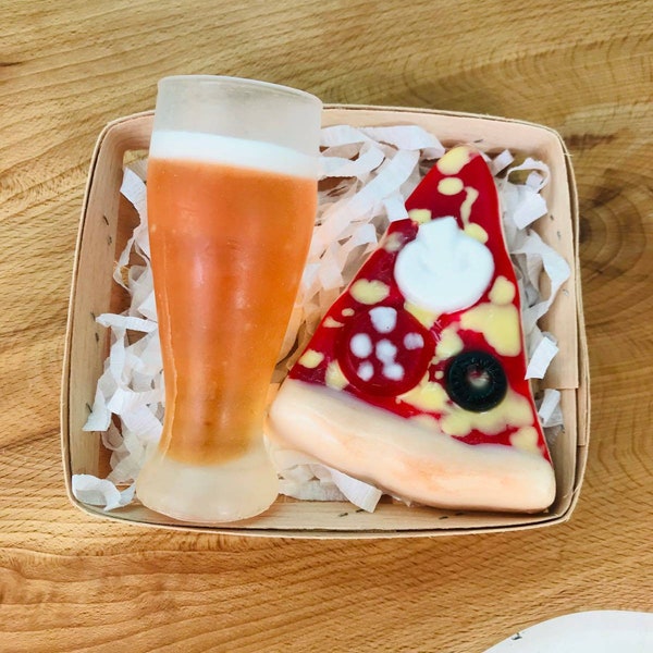 Soap pizza beer set, gift for him soap set, Italian pizza beer souvenir set, beer soap gift for father, exclusive gift glass beer pizza set