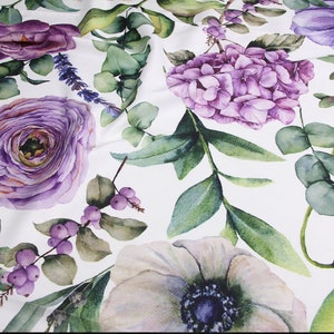 Paarse satijnen stof grote bloemen, paarse satijnen huisstof tuin, satijnen beddengoed, satijnen stof voor volwassenen, stof voor kinderen