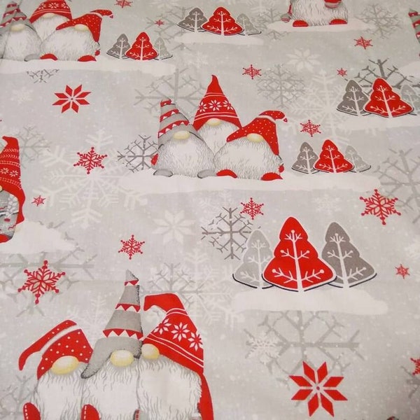 Christmas gnomes cotton  fabric, gnomes fabric polish, gnomes gray fabric, gnomes red fabric, bedding fabric, leprechaun cotton fabric