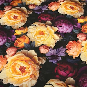 Gold peonies on black tablecloth, black waterproof tablecloth, big flowers table top cover, big size tablecloth, black floral placemats