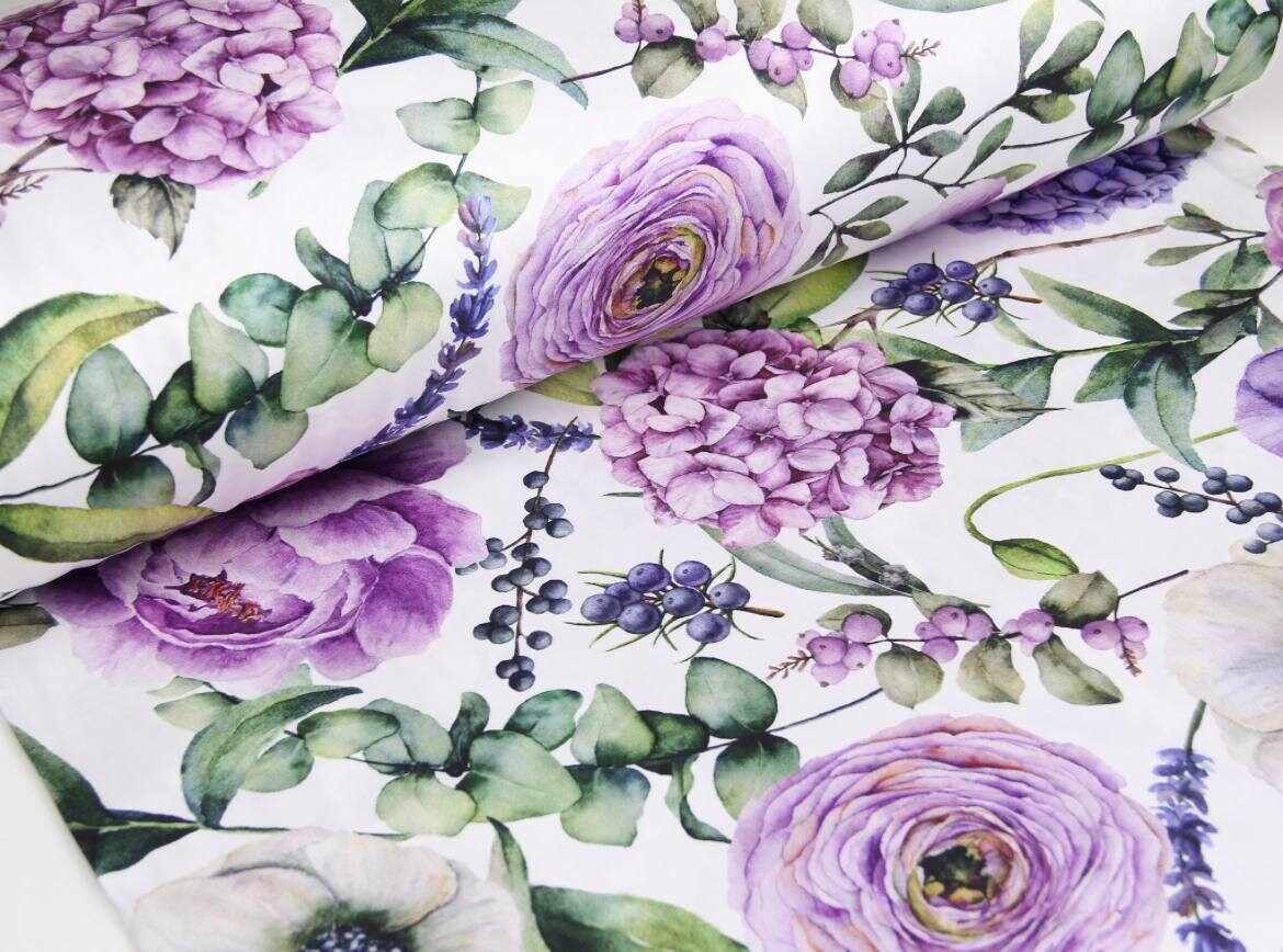 Purple hydrangea satin, flowers satin fabric, fabric for home, satin fabric for bedding, satin fabric for women, peonies satin