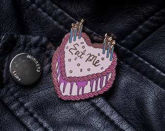 Eat Me Enamel Pin - pastel enamel pin- cute enamel pin- rose gold enamel pin- pink pin - cake pin- Alice in Wonderland Vibes