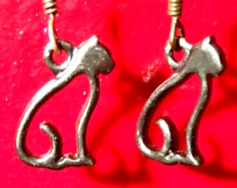 Openwork Silver Metal Cat Earrings - Pierced Ears