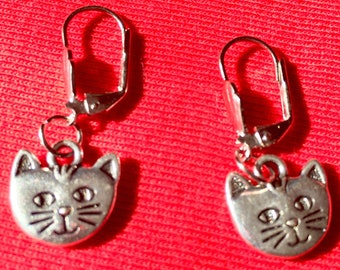 Silver Metal Cat Face Earrings - Pierced Ears