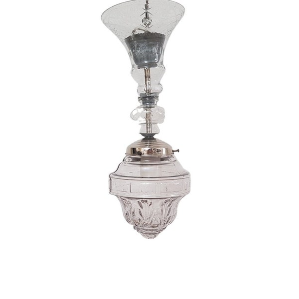 Lampion wiszący z mosiądzu w stylu vintage z 1 lampą wiszącą w kolorze srebrnym, klosz z prasowanego szkła, testowany i działający