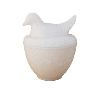 Vintage glass jar with milk glass lid. Pigeon (hen) in the nest. Avon.