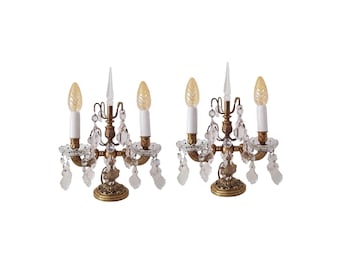 Vintage Pair of Girandole Table Lamps, Brass / Bronze Candelabra Lamps, French Style, Glass Drops, 2 Light Candle Lamps, Hollywood Regency