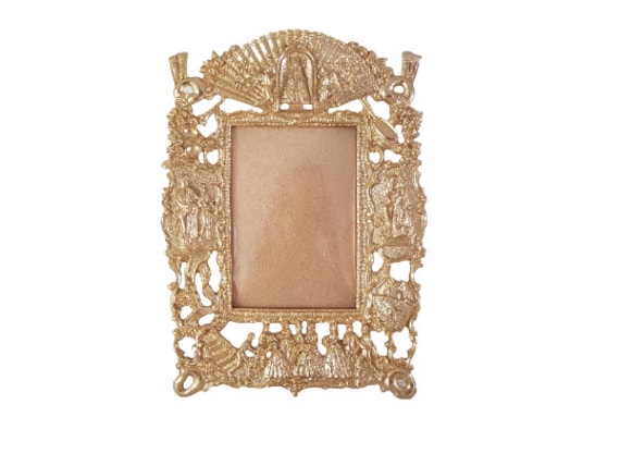 Vintage large frame in brass / bronze with gilding Desktop freestanding photo frame Religious catholic decor wedding ceremony Made in Spain