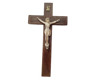 Vintage wooden wall crucifix The figure of Jesus on the cross made of plastic  Religious decor Catholic gift