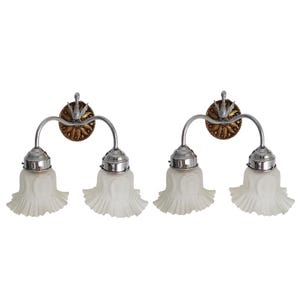 Vintage Pair of Swan Wall Sconces, Brass & Chrome Wall Lights with Frosted Glass Shades, Double Arm Wall Lamps