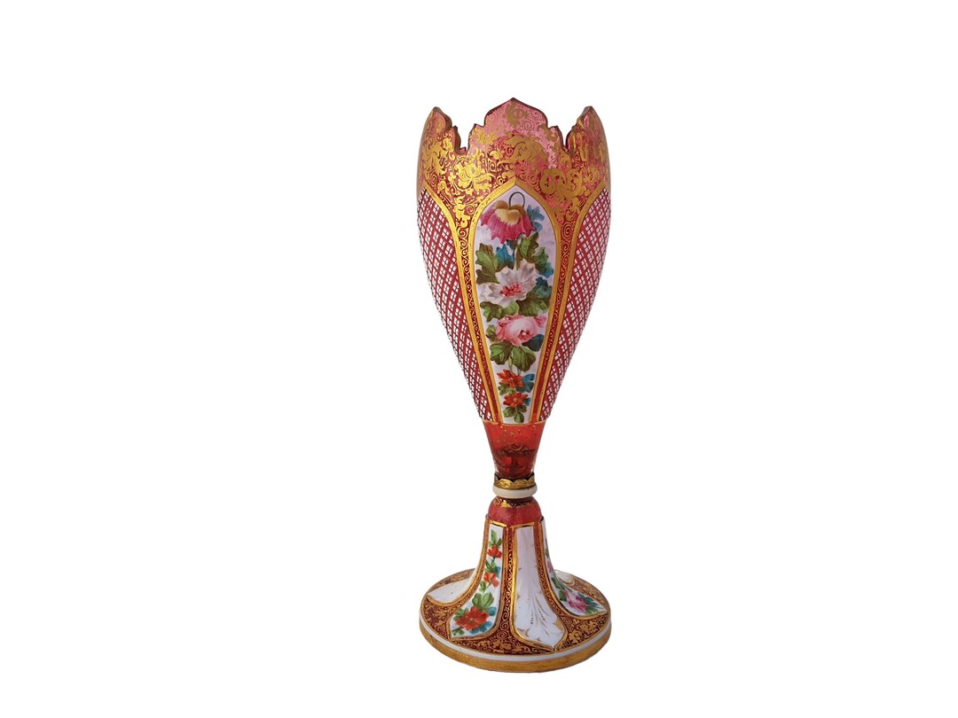 Antique Glass Vase on a Pedestal. Enamelled Inserts With Hand Painting