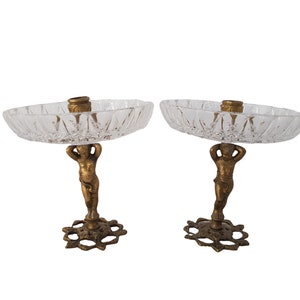 Vintage bronze candlestick with crystal plate. Pair of small candlesticks. Figurine of Putty.