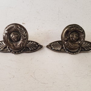 Pair of vintage large furniture handles Dot round handles with an overlay Brass / Silver