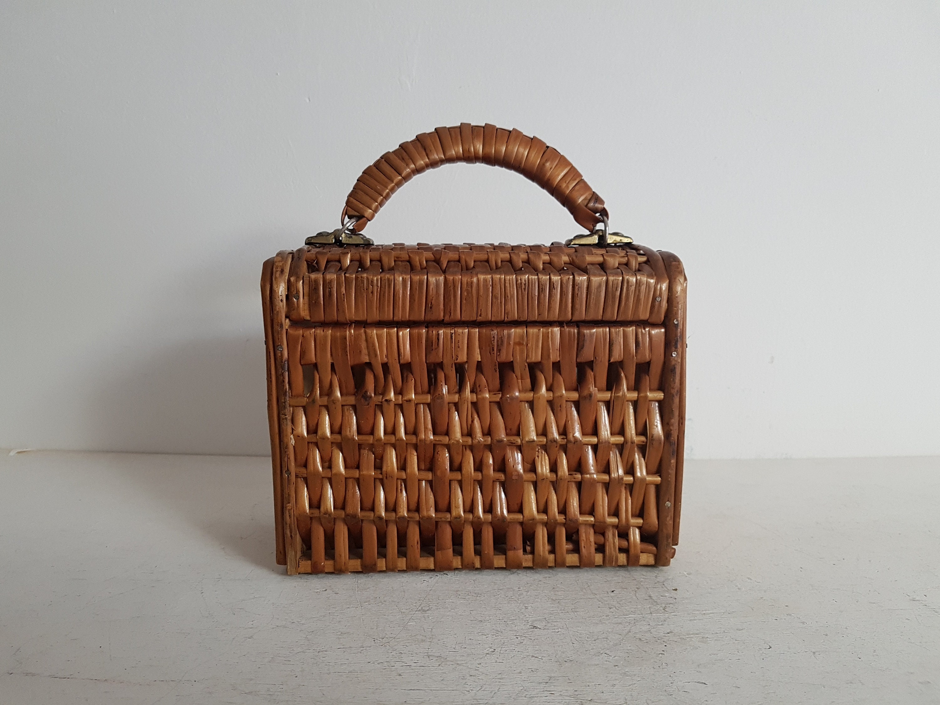Vintage wicker box Rattan bag with lid and handle Handmade Etsy