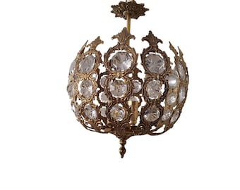 Lampadario vintage in ottone e cristallo, lampada a sospensione a 3 luci con globo dorato, plafoniera in cristallo, stile francese Hollywood Regency.
