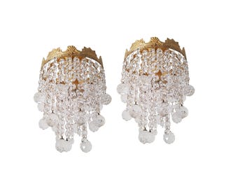 Coppia di lampade da soffitto vintage in cristallo, lampadario dorato, globi di vetro, stile Hollywood Regency, anni '70-'80