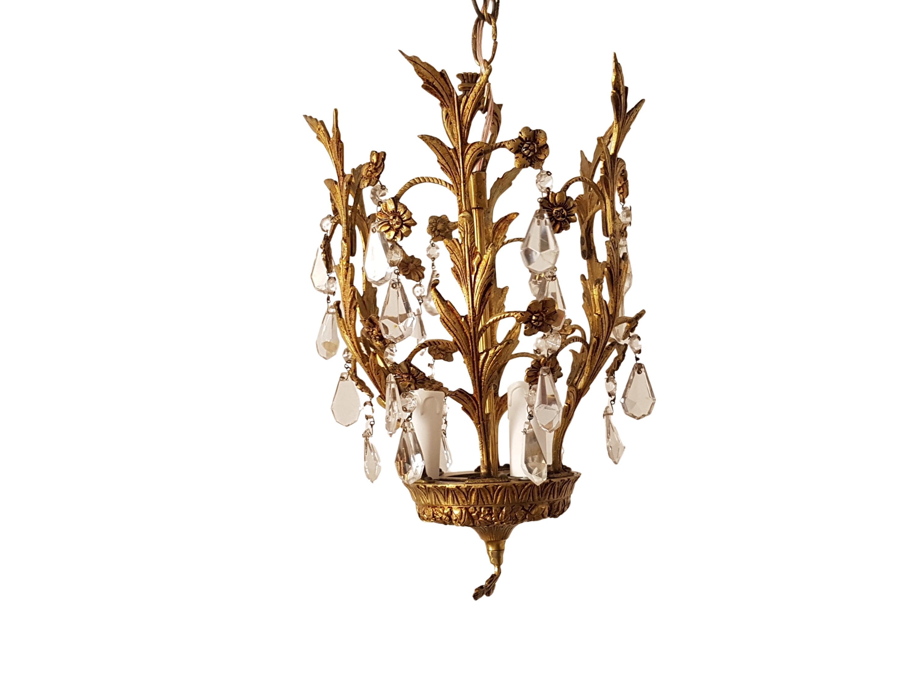 Vintage brass ceiling light with crystals. Repaired and tested.
