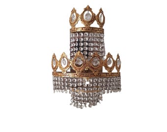 Applique da parete vintage in stile Impero, ottone/bronzo, con pendenti in vetro a più livelli e 2 luci.