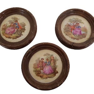 3 vintage wooden frames with ceramic inserts. French pastoral scenes. Fragonard.
