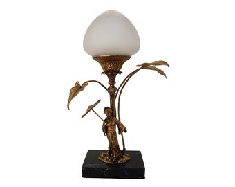 Vintage bronze lamp on a marble pedestal with a glass shade. Chinese woman with an umbrella.