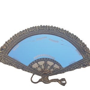 Vintage a fan-shaped brass tabletop mirror Mirror with engraving Solid brass frame