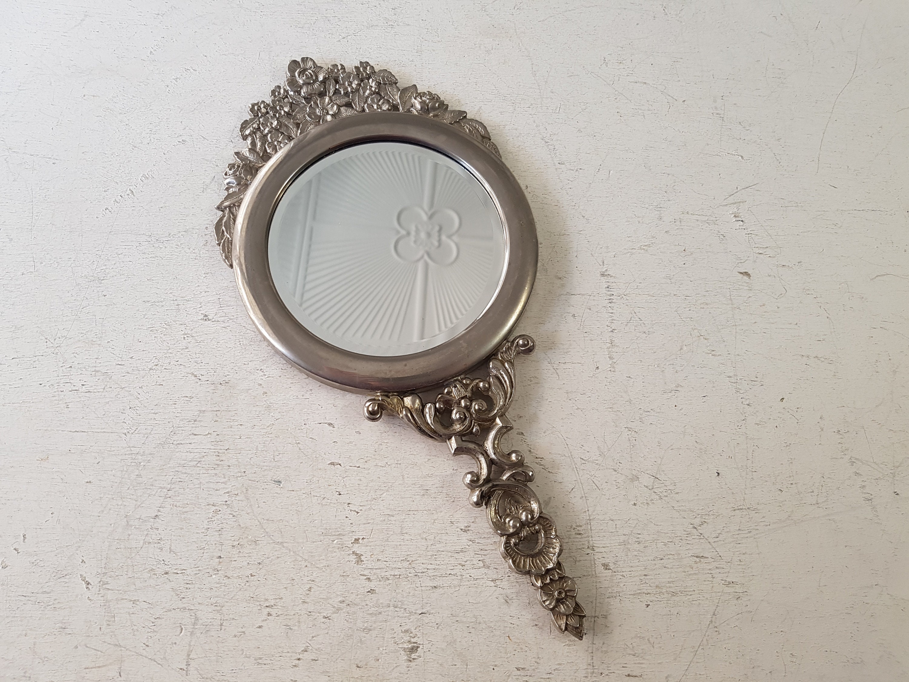 Vintage Handheld Round Silver Beveled Mirror Small Etsy