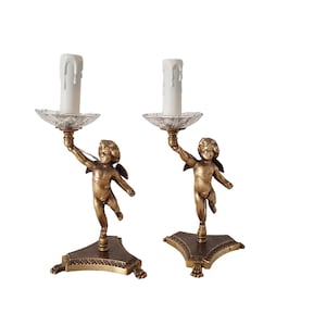 Pair of vintage bronze (brass) table lamps. Artificial candle. Electric candlestick.