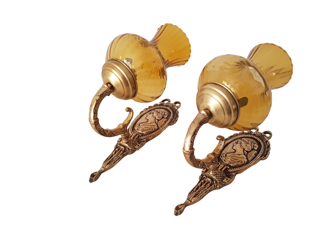 Vintage Pair of Small Wall Sconces With Glass Shades. Metal Bas-relief ...