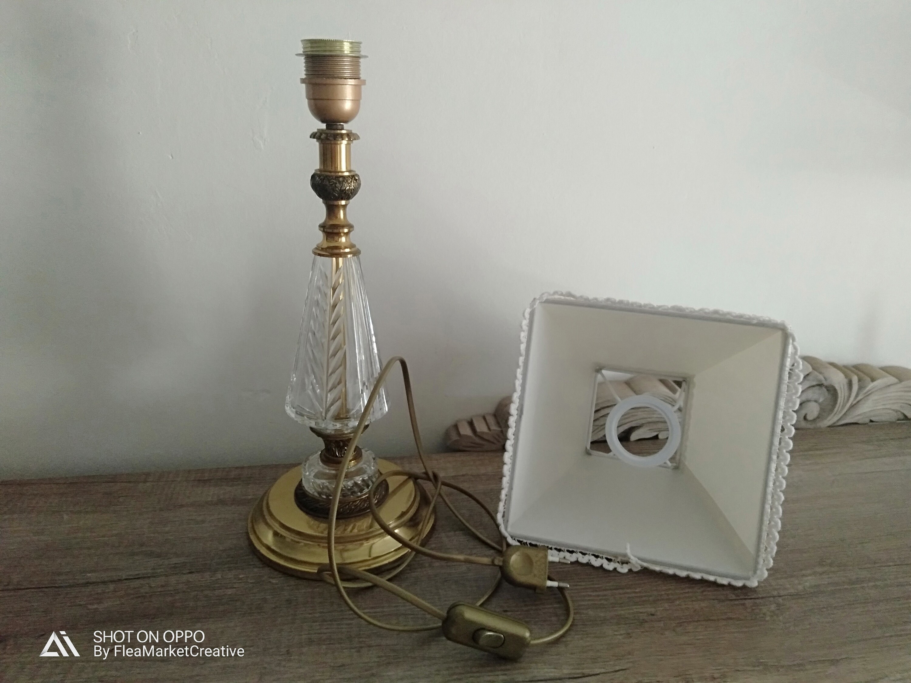 Vintage Table Lamp Clear Glass Lamp Base White Lampshade Etsy