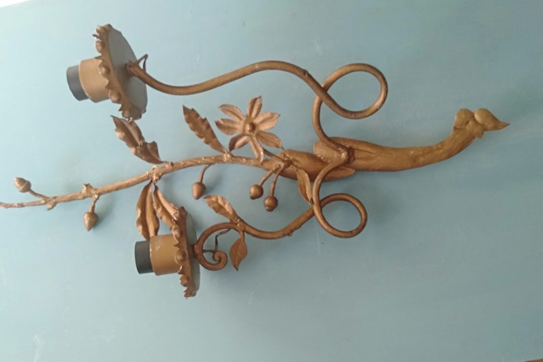 Vintage set two wall sconces Metal leaf Made in Spain Kogl Etsy