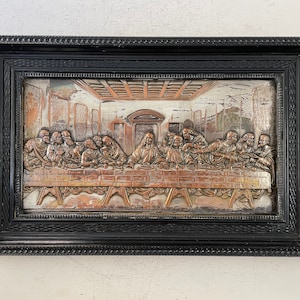 Vintage brass bas-relief, silvered The last supper Jesus and the apostles Silver plated brass Passion of Christ