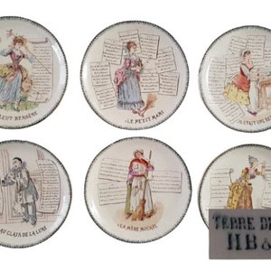 May include: Set of six white ceramic plates with colorful illustrations and French text. Each plate features a different scene with a person and a caption. The plates are decorated with a green border.