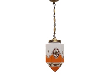 Vintage brass lantern with glass shade. Painted opaline glass lampshade. Chandelier for 1 bulb.